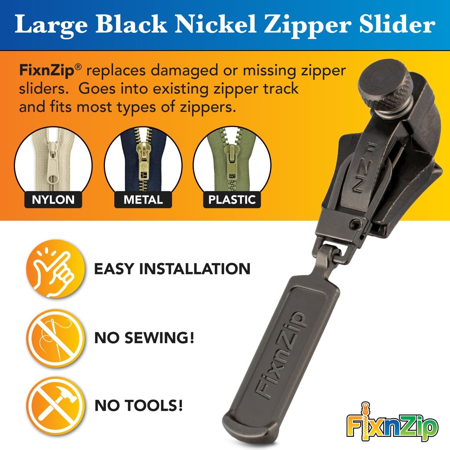 FixnZip (Large, Black Nickel) - See Size Guide - Universal Zipper Repair Kit for Wetsuits, Luggage, Zipper Replacement Repair Kit - Instant Zipper Fix