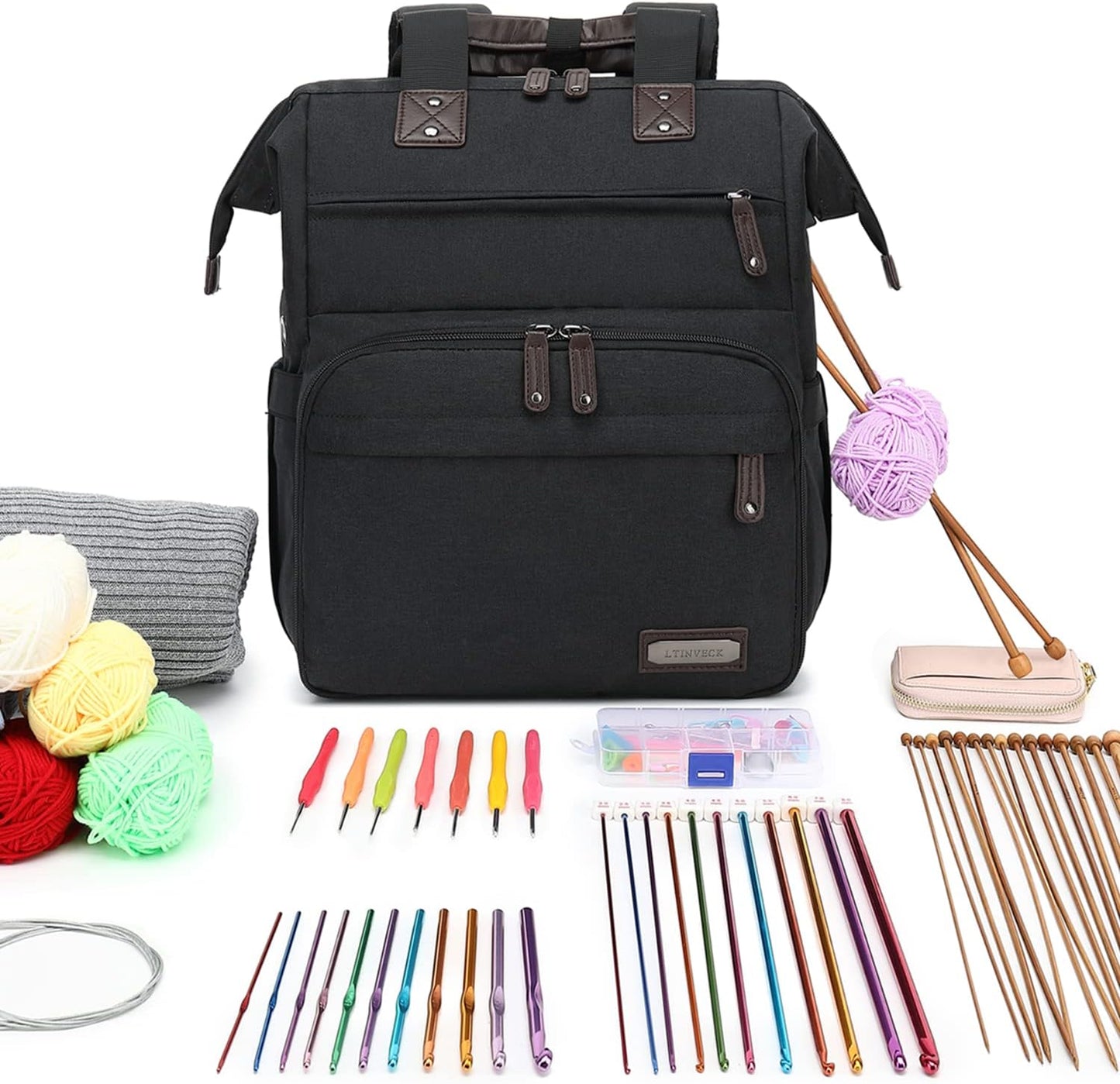 Crochet Backpack,Knitting Bag Backpack Yarn Storage Organizer Travel Crochet Bag with USB Charging Port,Yarn Tote Bag Yarn Holder Case for Knitting Needles, Crochet Hooks,Crochet Accessories,Black