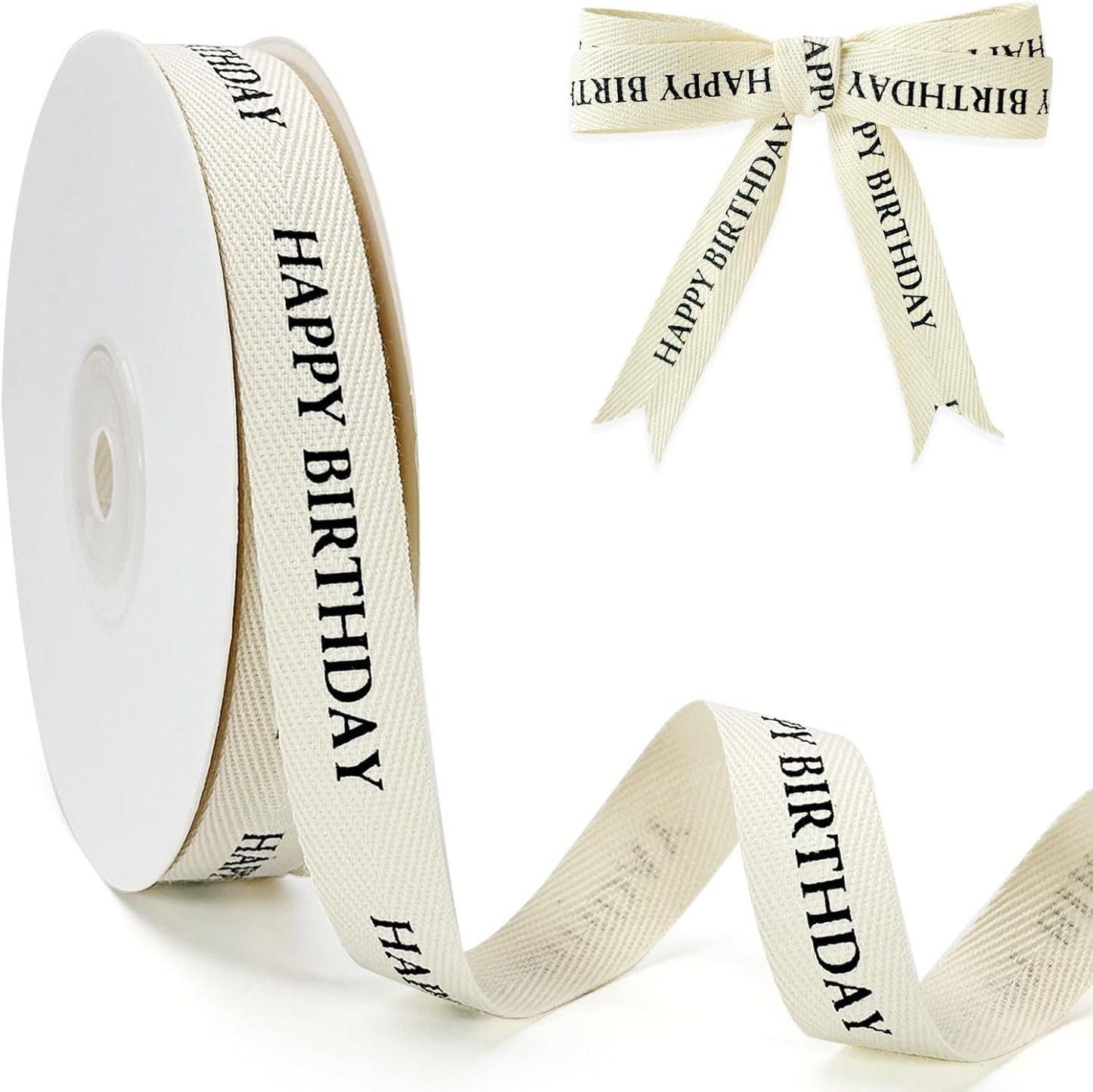 Cotton Herringbone Ribbon - Natural Twill Tape for Custom Gift Wrapping & DIY Crafts-5/8 Inch x 15 Yards - Happy Birthday Printed Phrase
