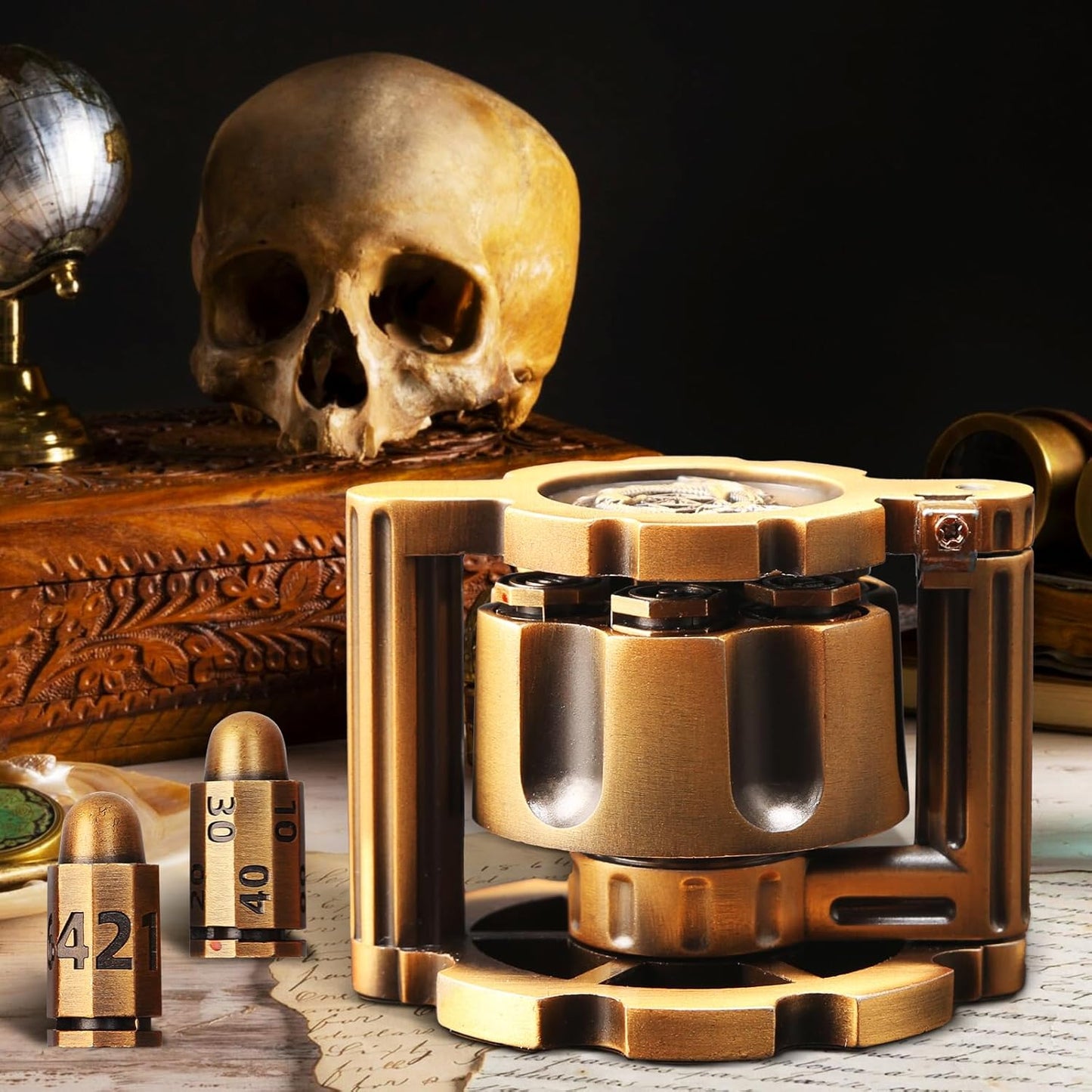 Bullet Dice, Revolver Bullet Metal Dice Set with Spinning Revolver Cylinder Container & Seven Polyhedron Dices for Sci-Fi, War, Crime Theme Tabletop Games