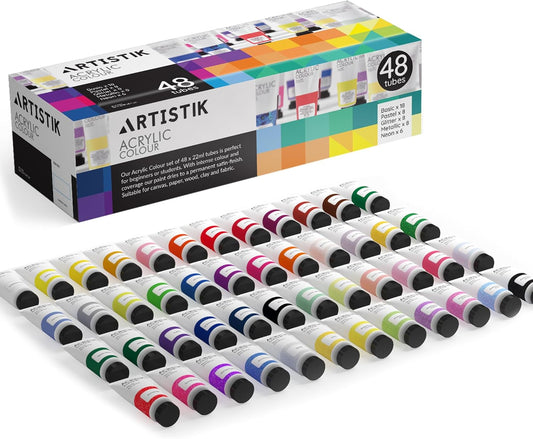 Acrylic Paint Set - 48 Piece Set (48 x 22ml) Tubes in Rich Vibrant Colors - Pigments Formulated for Opaque, Vibrance Perfect for Beginners, Students, Professionals, Artists Painting Different Mediums