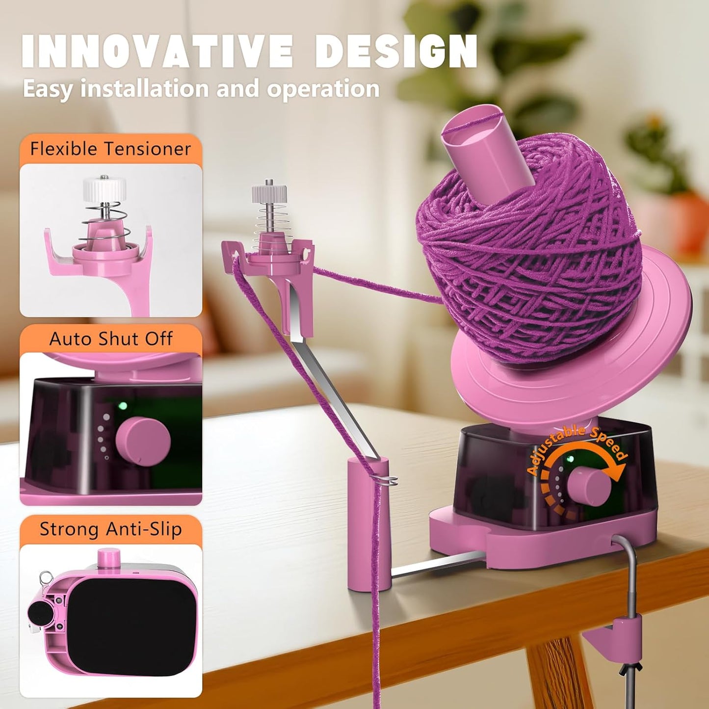 Yarn Winder, Electric Yarn Ball Winder for Crocheting, Efficiently Cake with Strong Tension Adjustable Speed Up to 13 oz, Automatic Spinner Wool for Knitting Enthusiast (Pink)