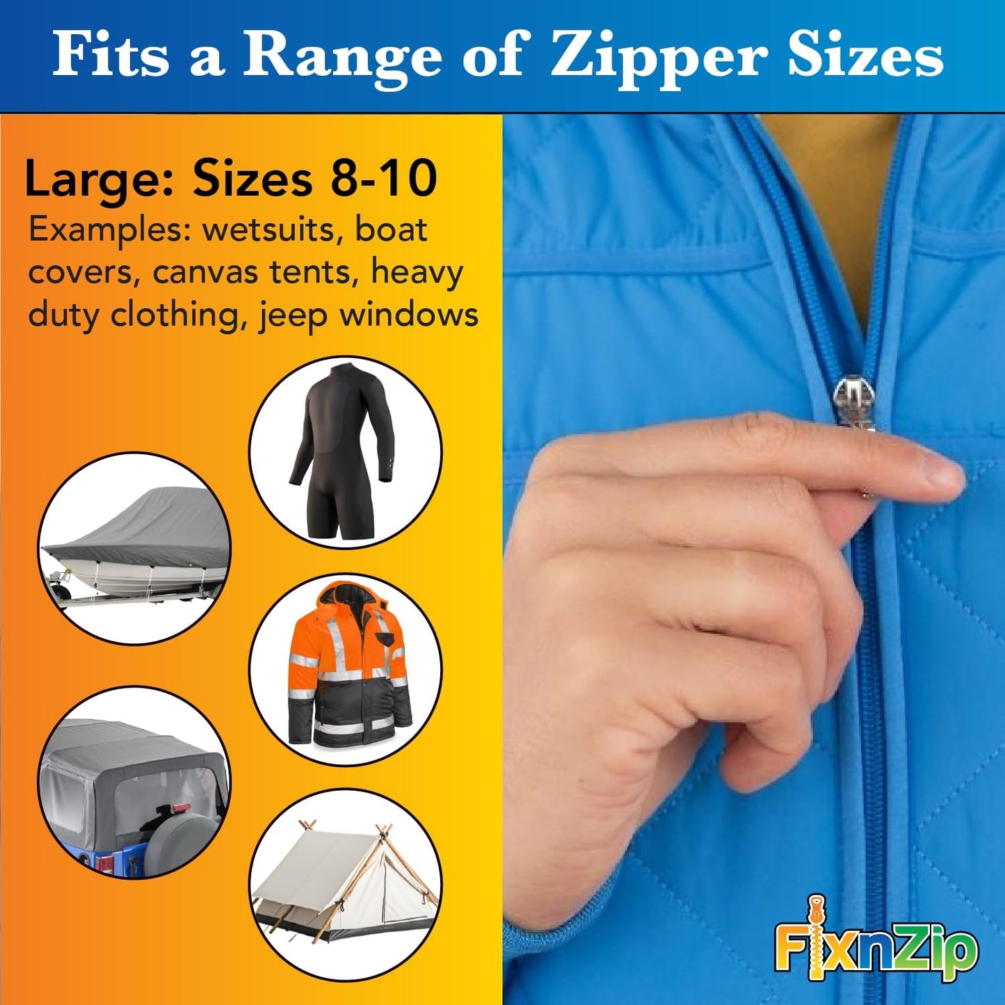 FixnZip (Large, Black Nickel) - See Size Guide - Universal Zipper Repair Kit for Wetsuits, Luggage, Zipper Replacement Repair Kit - Instant Zipper Fix