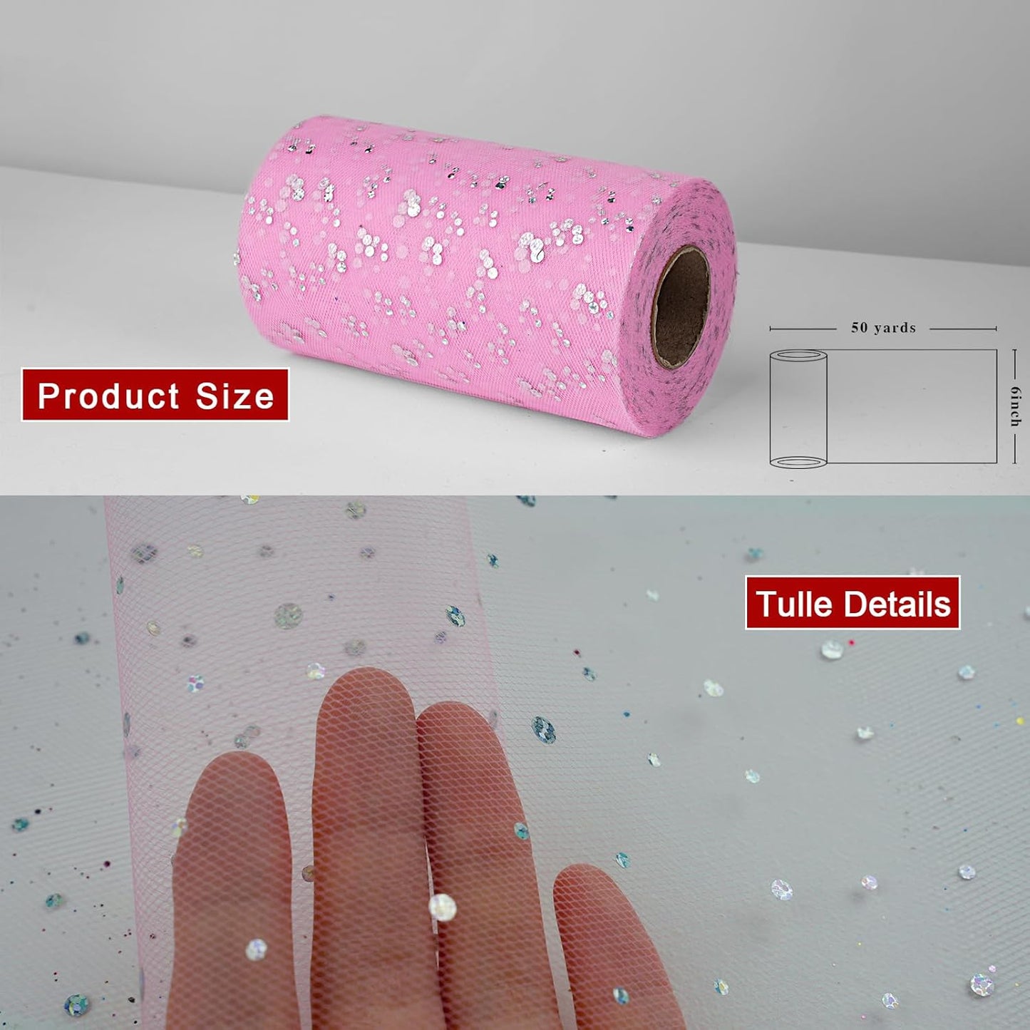 Glitter Tulle Rolls, 6' by 50 Yards (150FT) Sequin Tulle Netting Fabric for Tutu Skirts Sewing Birthday Wedding Party Decoration (Pink)