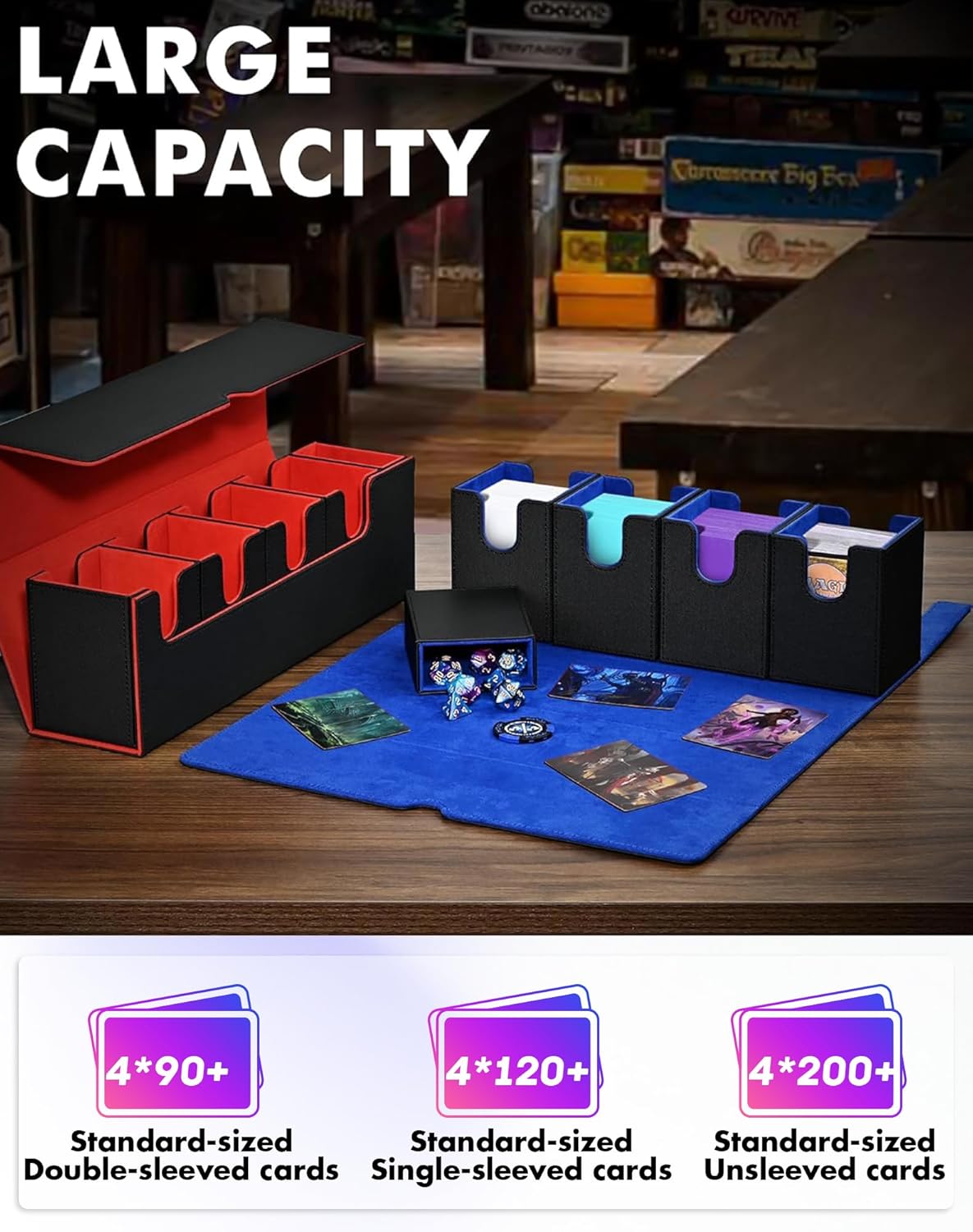 Card Deck Box with Dice Tray for MTG, 5 in 1 Card Deck Case Holds 800+ Unsleeved Cards, Strong Magnet Organizer Compatible with Yugioh TCG Sports Cards (Black Blue)