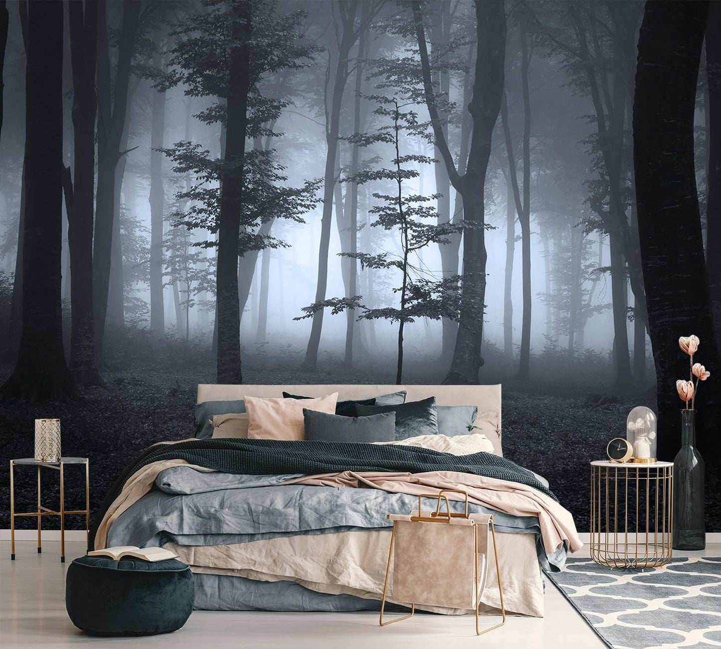 AFZEVEB-Foggy Dark Forest Wallpaper Landscape Tree Wall murals for Bedroom 136"x96"(Not Peel and Stick)