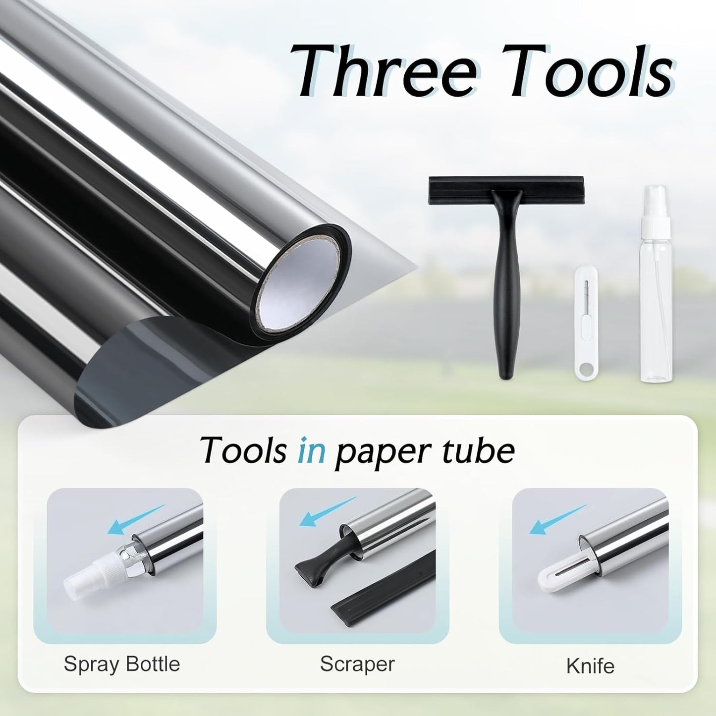 DOWELL One Way Window Privacy Film with 3 Tools Window Tint for Home Sun Blocking Heat Control Anti UV Reflective Mirror Covering See Out Not in for House and Office Black Silver 17.5" X 157.4"