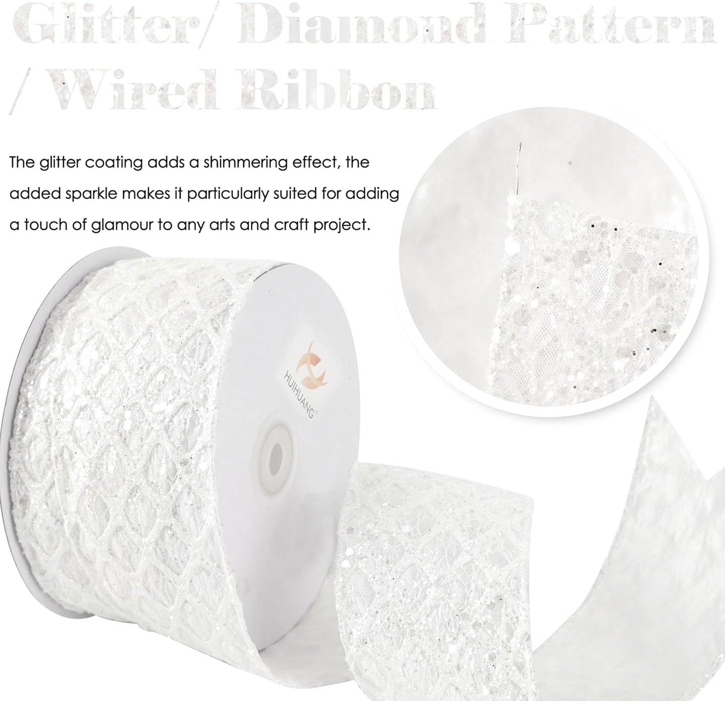 HUIHUANG White Glitter Wired Ribbon for Christmas Tree 2.5 inch White Diamond Mesh Wire Ribbon for Tree Decoration, Wreaths, Garland, Gift Wrapping, Large Bows Making, Home Decor -10 Yards