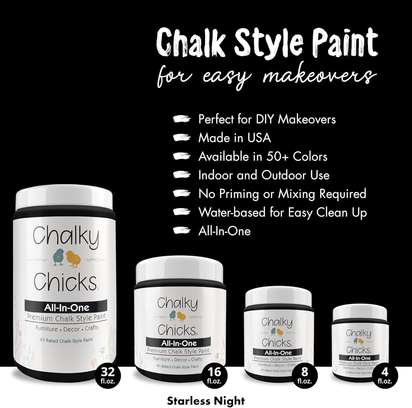 Chalky Chicks All-in-One Chalk Paint for Furniture or Cabinet - 4 Fl Oz - Matte Finish Starless Night Black for Metal, Wood Furniture Paint - No Sanding All-in-One for Home Decor & Crafts, USA Made