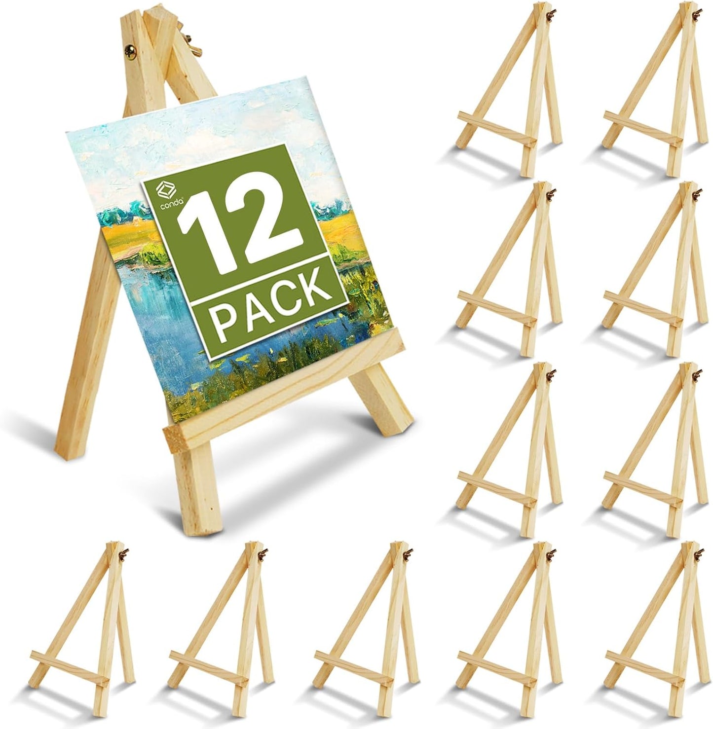 CONDA 12 Pack 9 Inch Wood Easels, Easel Stand for Painting Canvases, Art, and Crafts,Tripod,Painting Party Easel,Kids Student Tabletop Easels for Painting,Portable A-Frame Tripod Tabletop Easel Set