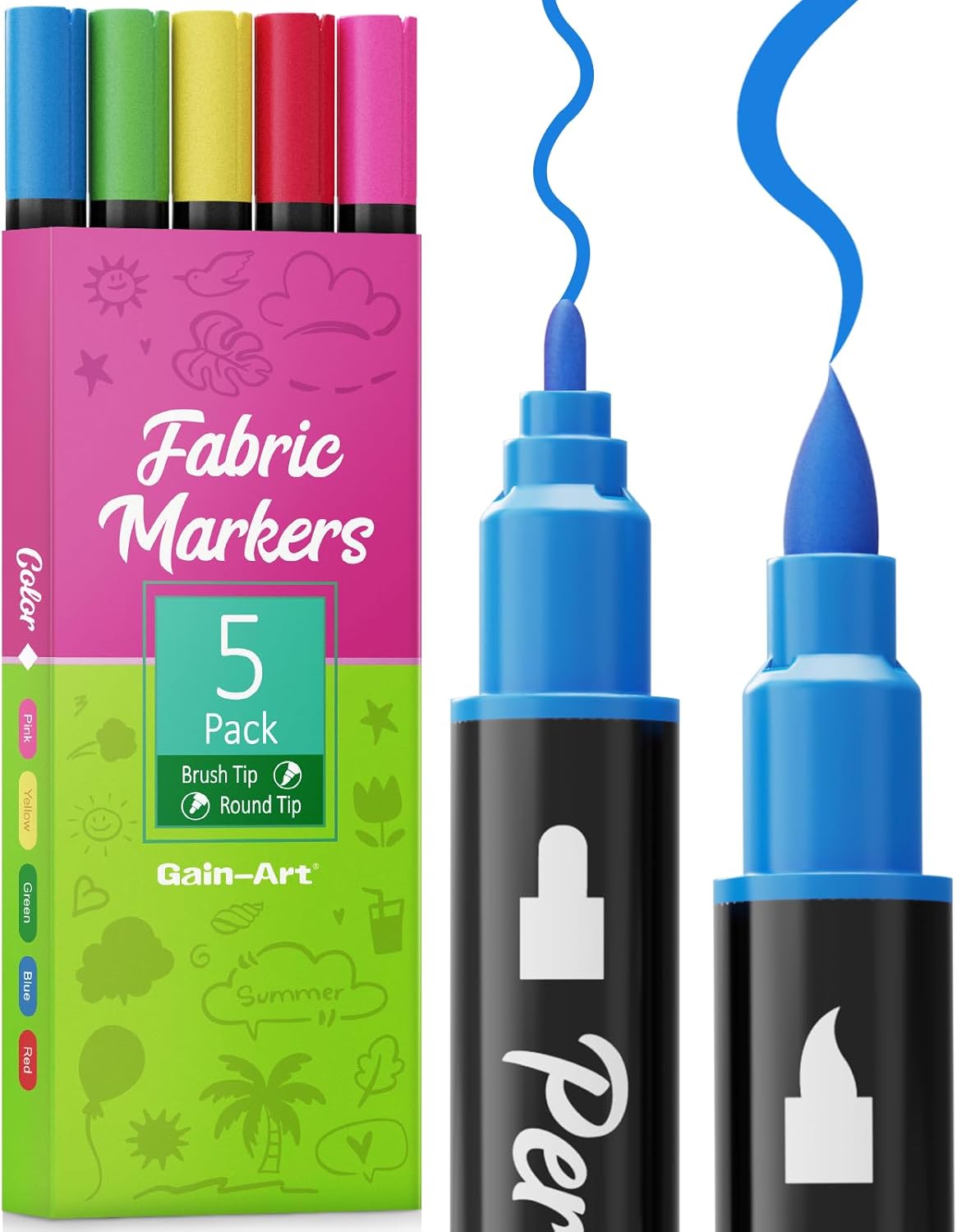 Fabric Markers Permanent for Clothes, Dual Tips Fabric Paint Pens No Bleed for Canvas, T-Shirts, Bags, and Textile - Quick Dry & Non-Toxic for Kids Adults, 5 Pack