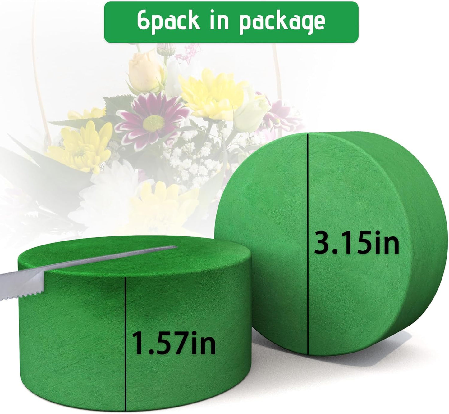 Max Shape 6Pcs Floral Foam Round Blocks, Large Wet and Dry Green Foam for Artificial and Fresh Flower Arrangement,Flower Foam Blocks for Wedding Party Decorations (3.15 Inch)