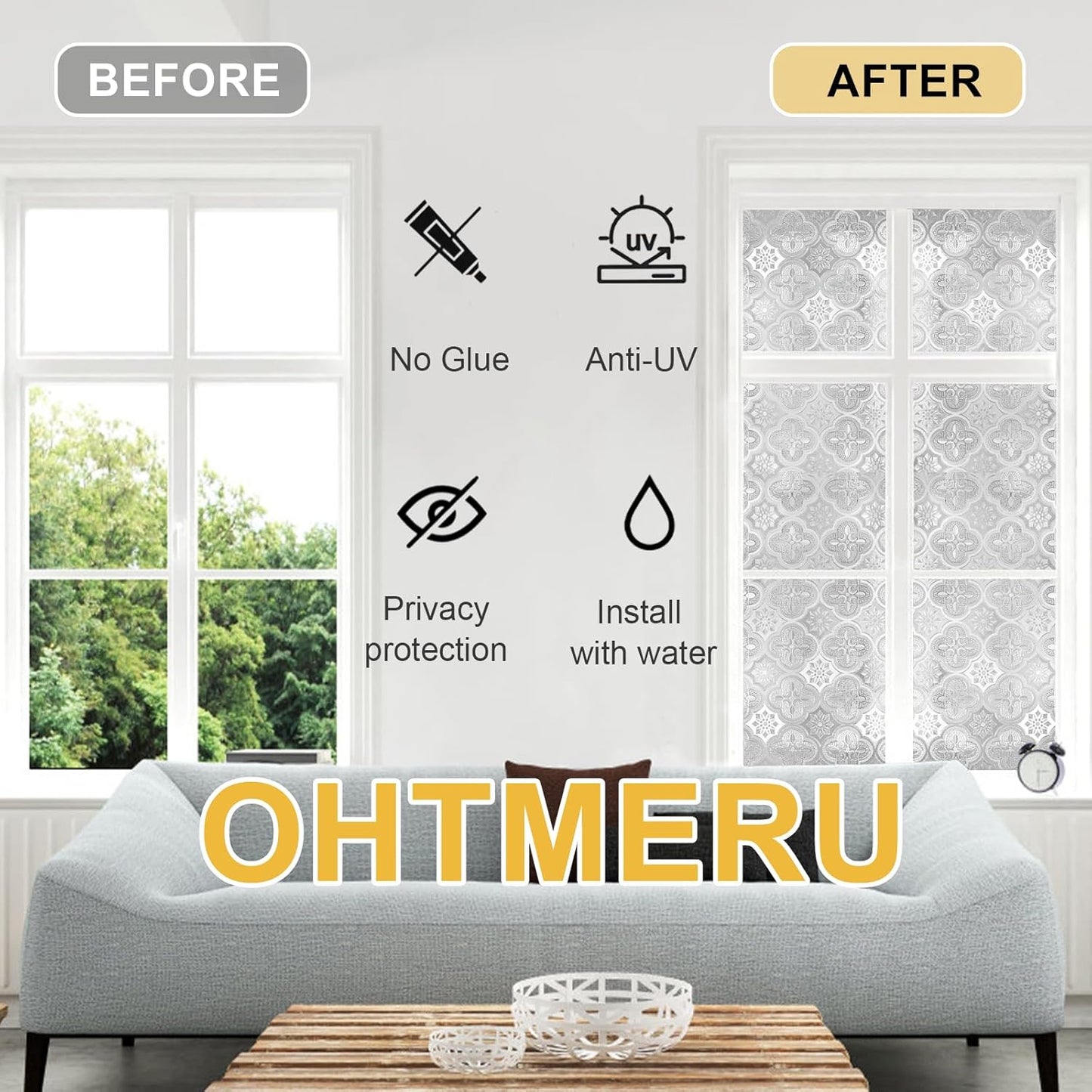 Window Privacy Film Decorative for Front Door, Bathroom Static Cling Stained Glass Sticker Opaque Heat Control UV Blocking Non-Adhesive for Home Windows 35.4 X 118.1 inches