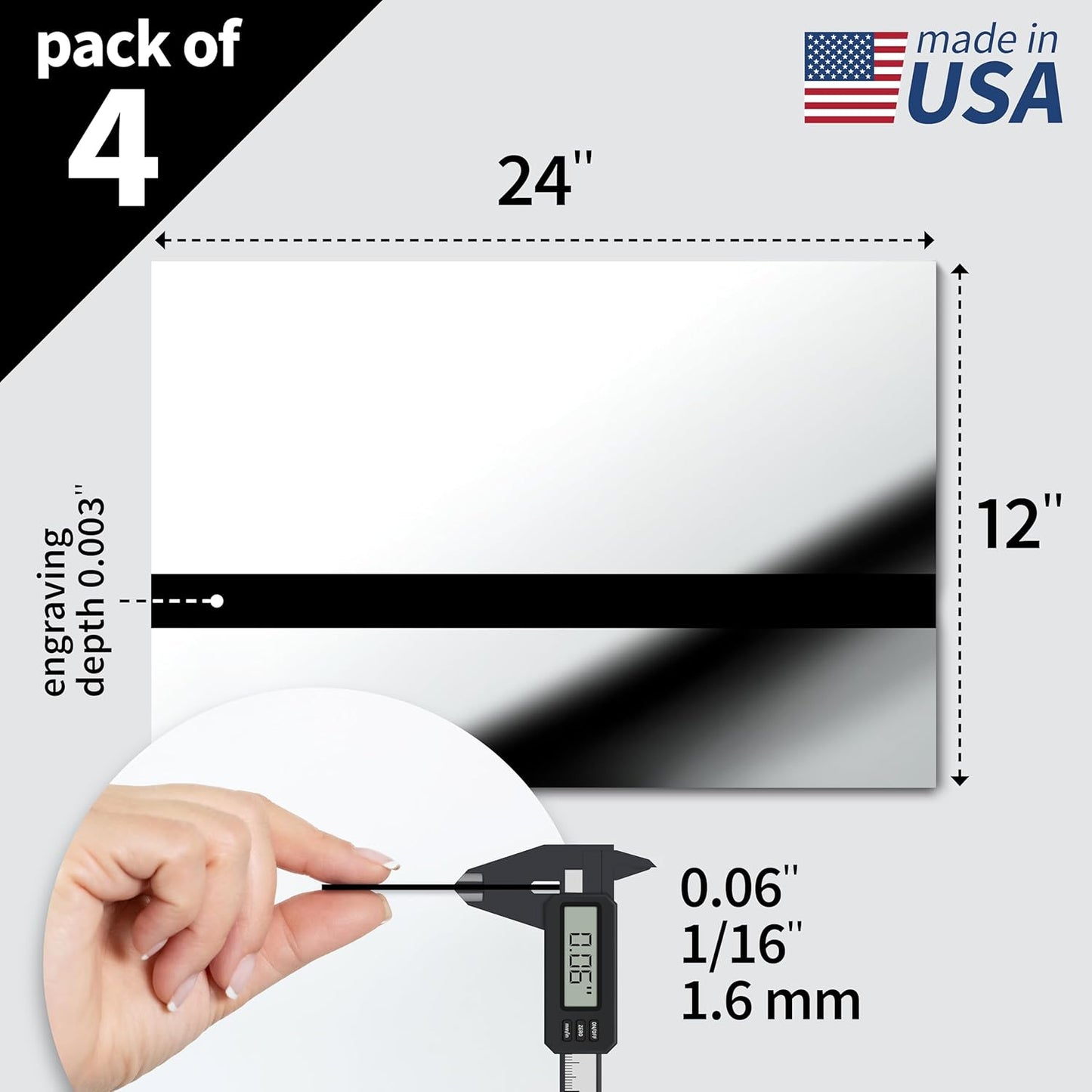 Trotec | Metallic Looking Acrylic Sheet | 12"x24"x1/16, 4 Pcs | Bright Chrome/Black | Metallic Finish - Scratch Resistant for Laser Engraving & Cutting,Printing,Glowforge,Name Plate | USA Made