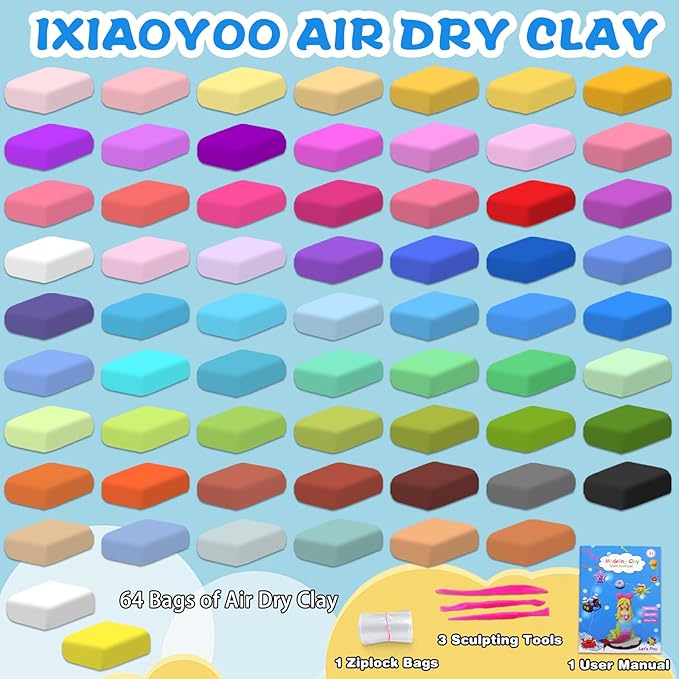 Air Dry Clay, Modelling Clay for Kids, 64 Colors DIY Molding Magic Clay for with Tools, Soft & Non-Sticky, Toys Gifts for Age 3 4 5 6 7 8+ Years Old Boys Girls Kids