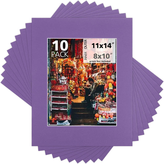 Mat Board Center, Pack of 10, 11x14 for 8x10 Purple Color Mats - Bevel Cut, Acid Free, 4-ply Thickness, White Core - for Pictures, Photos, Framing