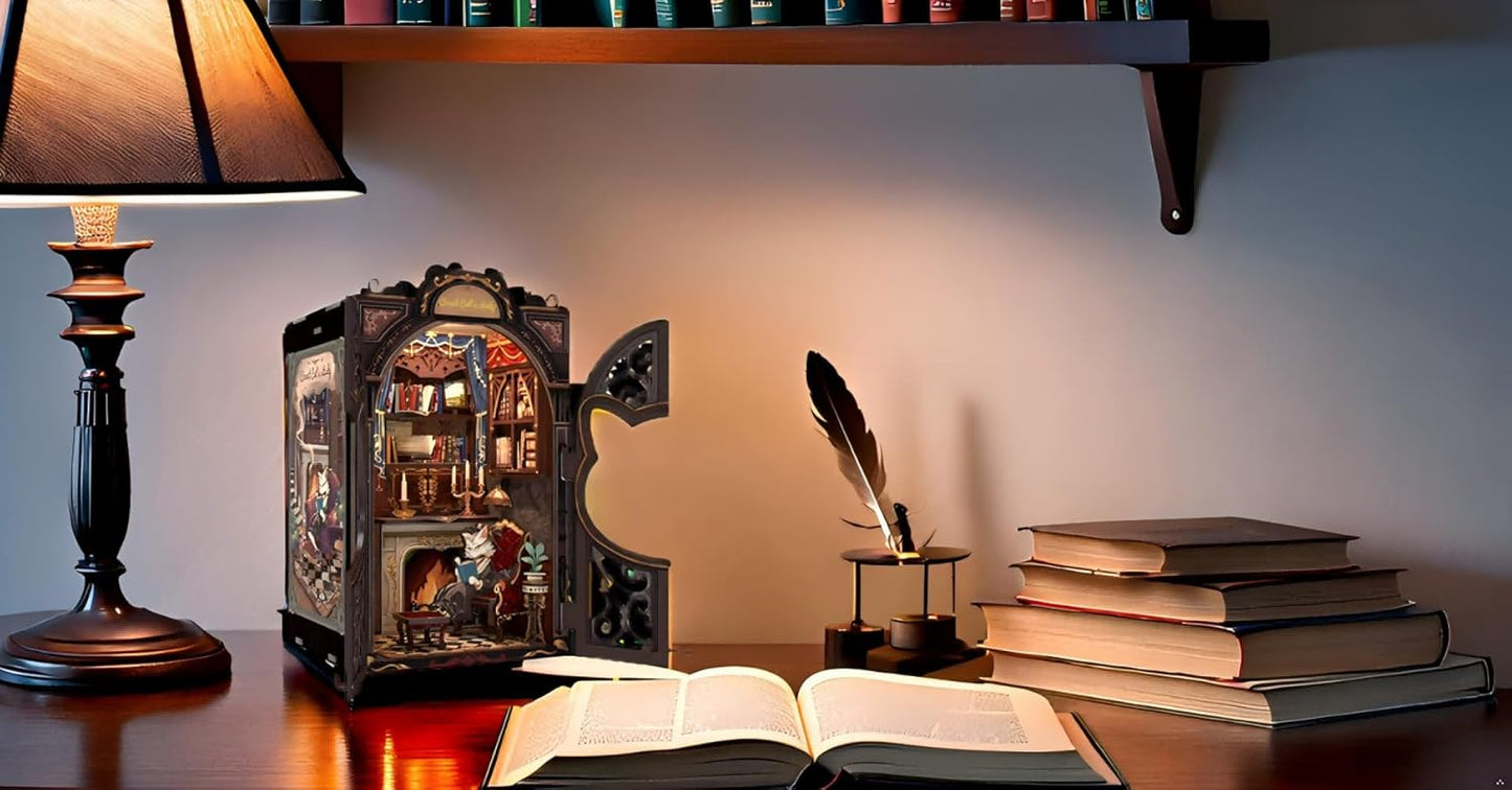 Fsolis Book Nook Kit DIY Scene Miniature Dollhouse Kit, 3D Puzzles for Adults, 108 Wooden Pieces, Bookshelf Decor Tiny House Mini Booknook Craft, Gift for Women Scale Model Lovers (Count Cat's Study)