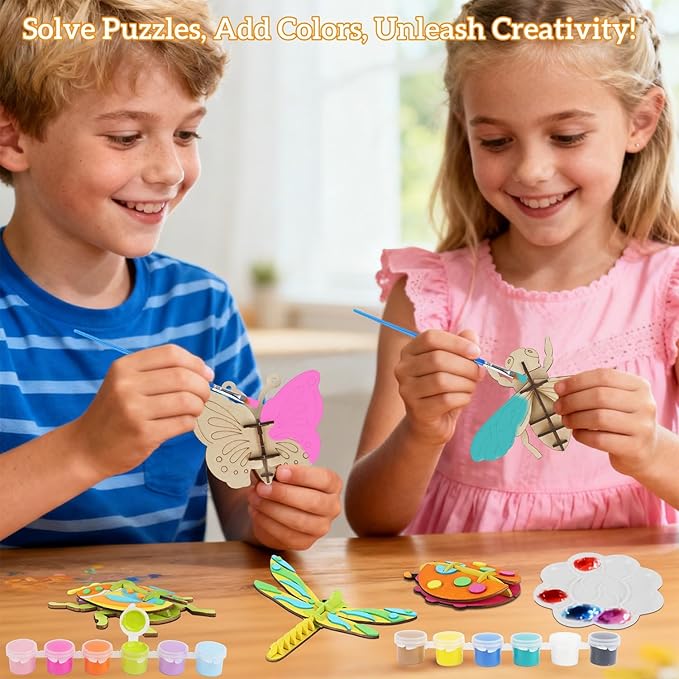 Glintoper Wooden Insect Crafts Painting Kit for Kids Boys Girls, 5 Piece Set DIY 3D Insect Puzzle with Brushes & Paint Decorate Your Own Painting Gift for Christmas Easter Birthday Party Favors