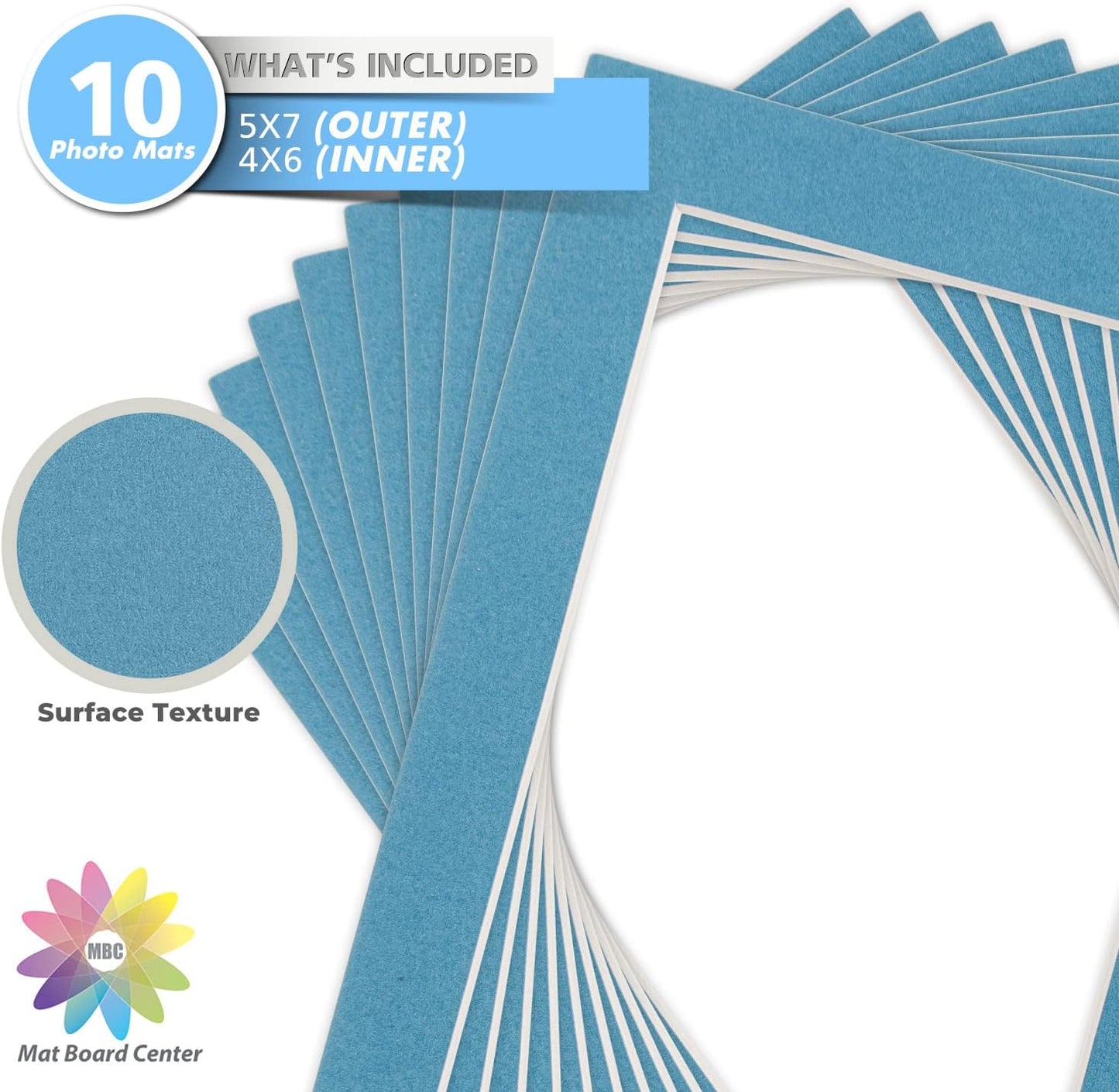 Mat Board Center, Pack of 10, 5x7 for 4x6 Dynamic Blue Color Mats - Bevel Cut, Acid Free, 4-ply Thickness, White Core - for Pictures, Photos, Framing