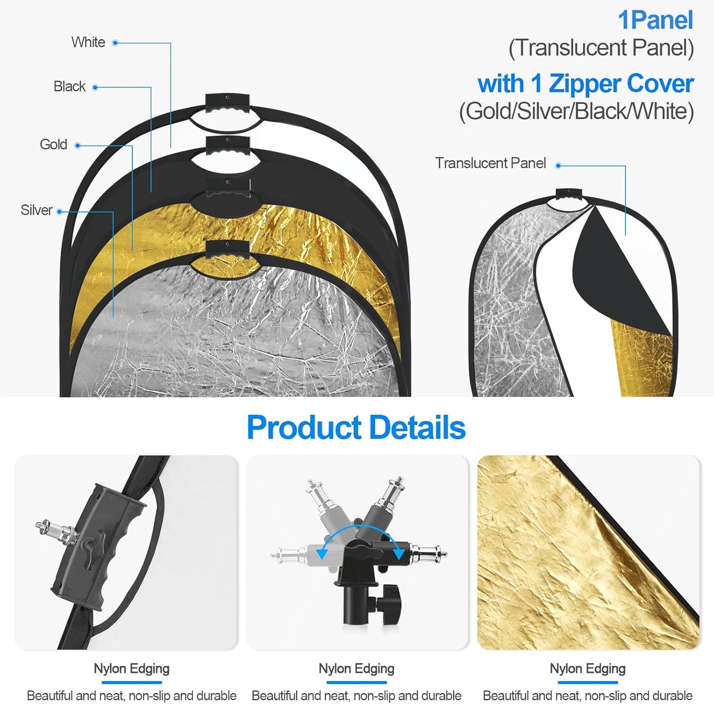 WELLMAKING 35''x47'' (90x120cm) Reflector Photography with Threaded Handle, Collapsible Light Reflector with Bag & tilt Adapter, 5in1 Reflector for Studio - Translucent, Silver, Gold, White and Black