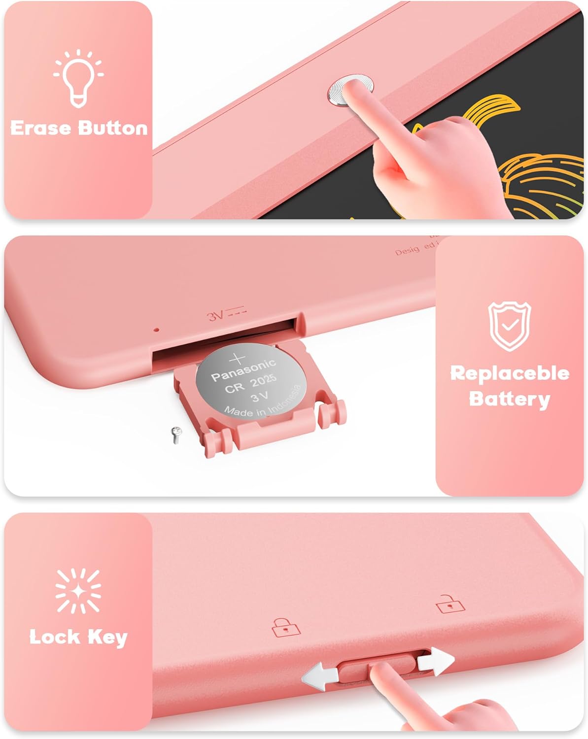 Bravokids 10 Inch LCD Writing Tablet for 3-8 Year Olds - Electronic Drawing Pad and Doodle Board as Educational Birthday Gifts for Girls and Boys (Pink)