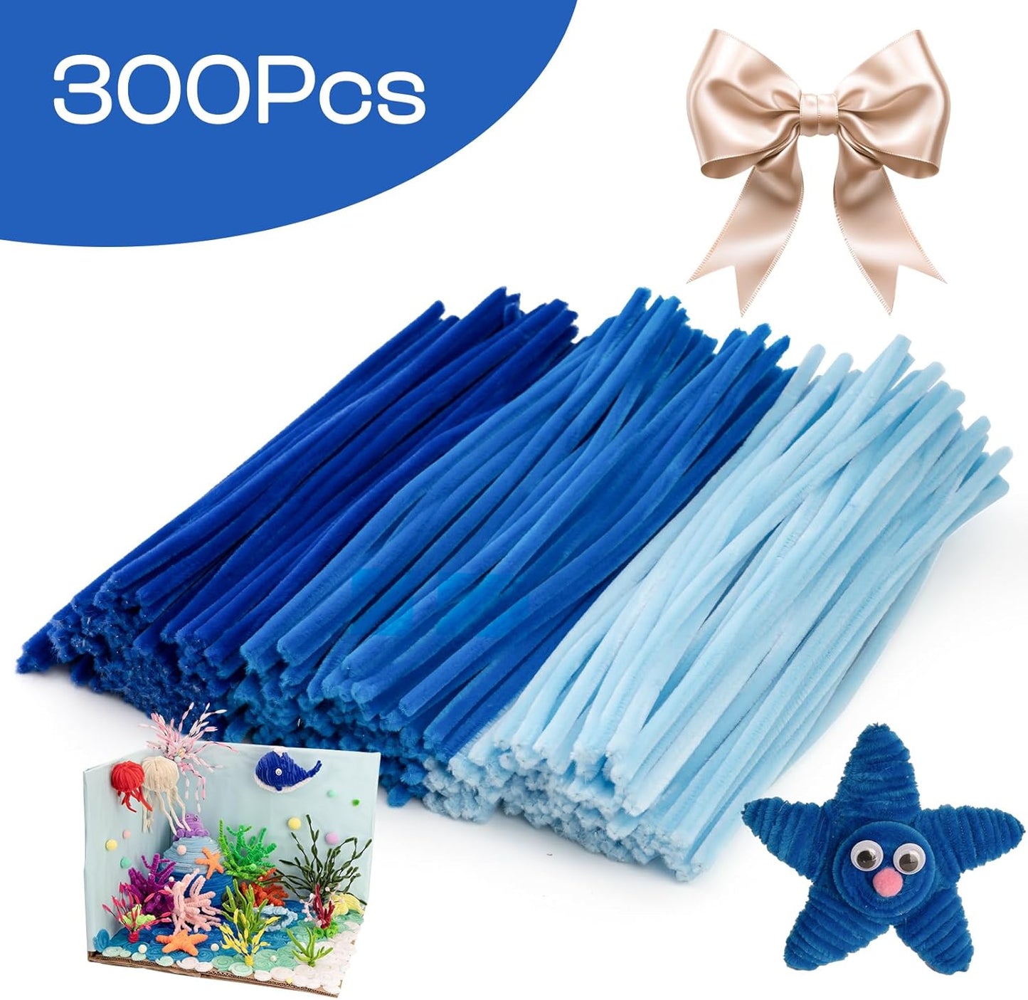 Caydo 300 Pieces Blue Pipe Cleaners, Thick Fluffy Chenille Stems, Pipe Cleaner Crafts for Arts & Crafts, Perfect for Making Animals, Flowers, and Festive Decorations