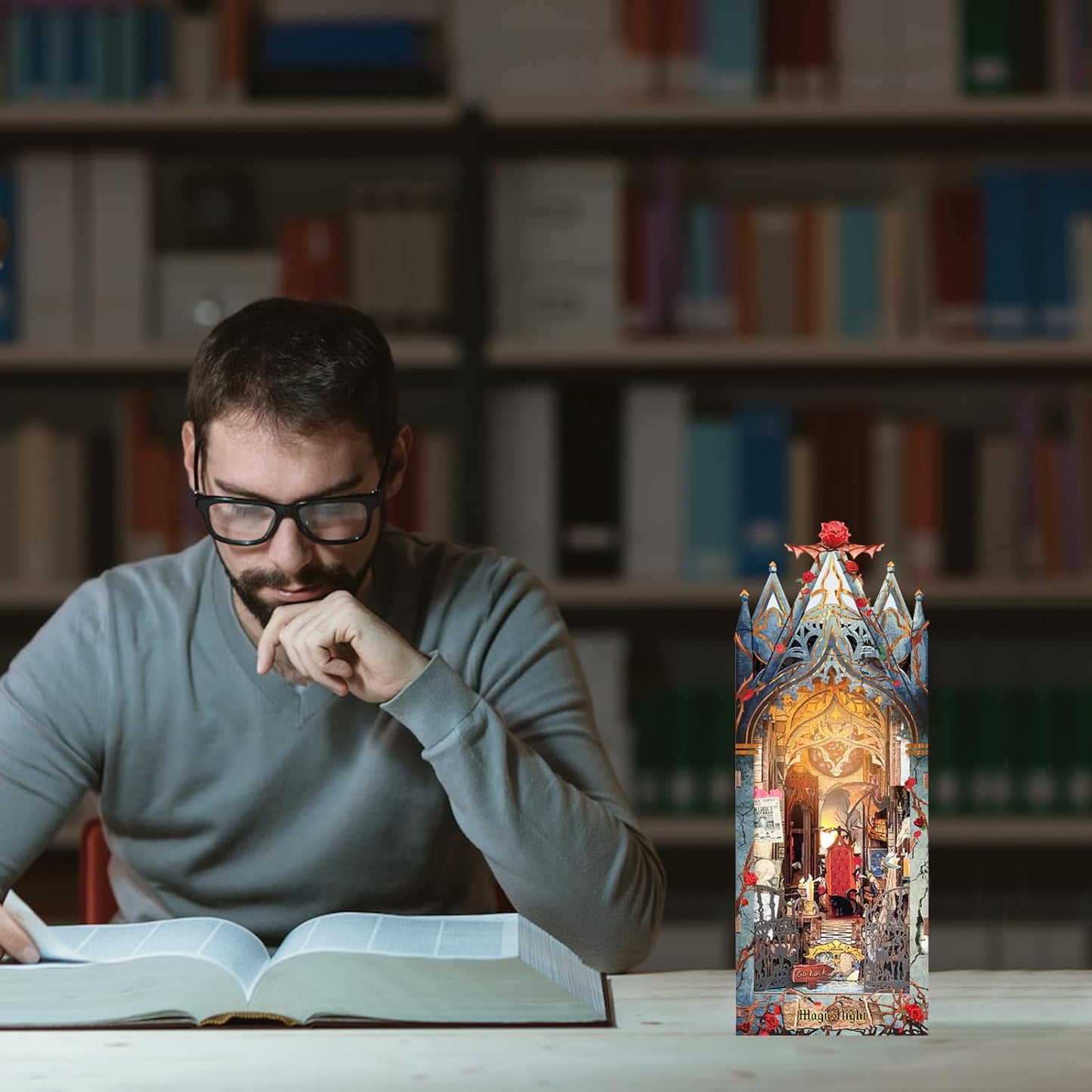 DIY Book Nook Kit,Dollhouse Booknook Bookshelf Insert Decor,3D Wooden Puzzles with LED Dust Cover,Book Nook Miniature Kit,Birthday Halloween Home Decor for Teens Adult-Moonlight Castle