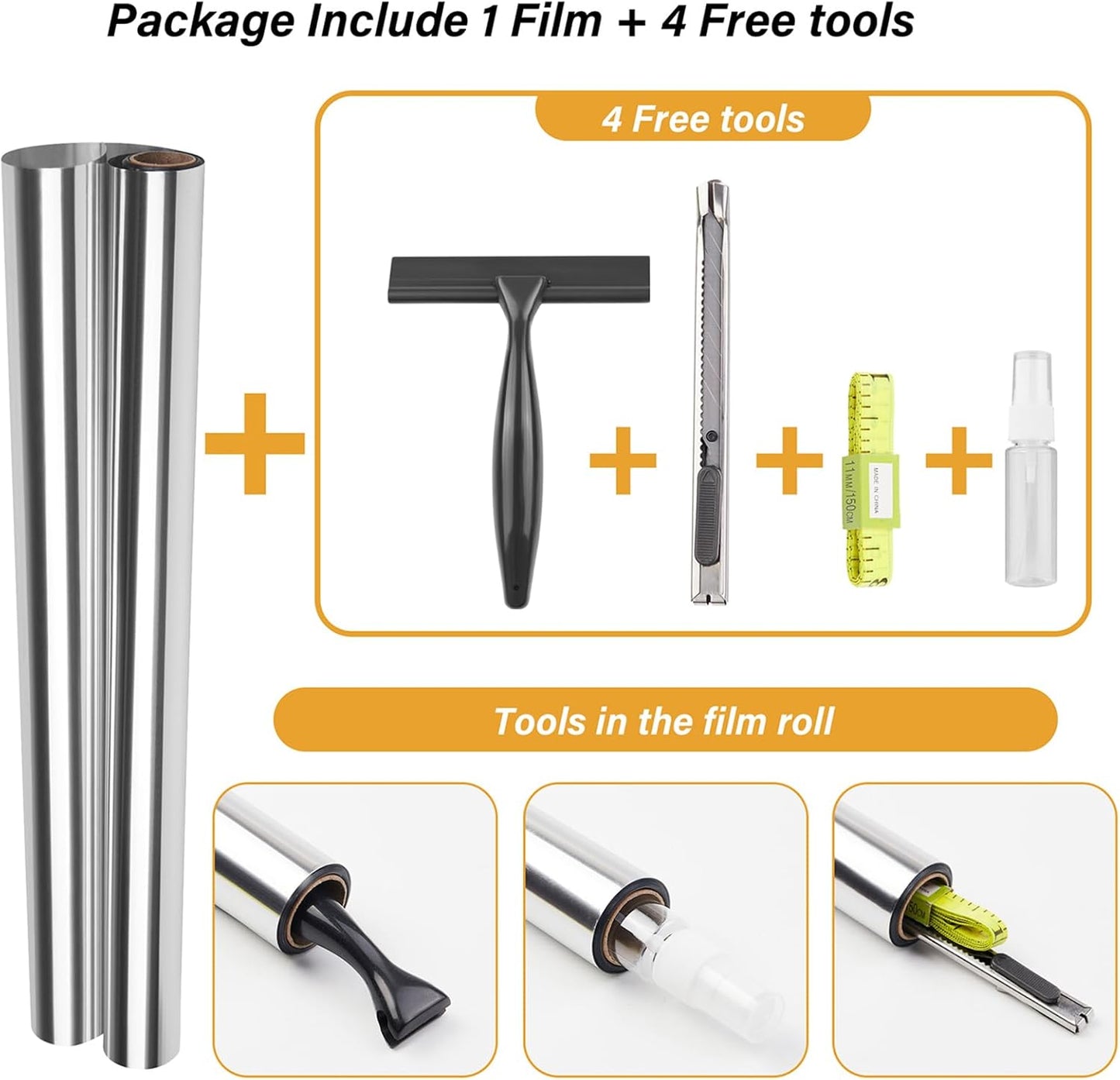 Kromapolis One Way Window Privacy Film Reflective Mirror Home Window Tint, Daytime Privacy Heat Control Anti UV Glass Tinting Static Cling (Silver, 45.2 x 236.2 inch)