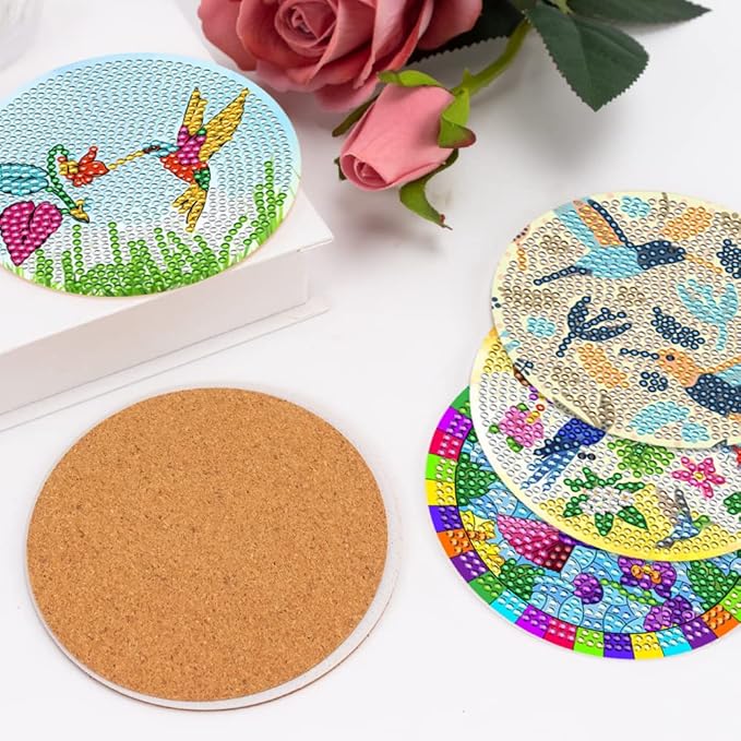 8 Pcs Diamond Art Coasters Kits for Adults with Holder Cork Pads, Hummingbird DIY Diamond Art Dots Painting Coasters Kits for Adults Beginners