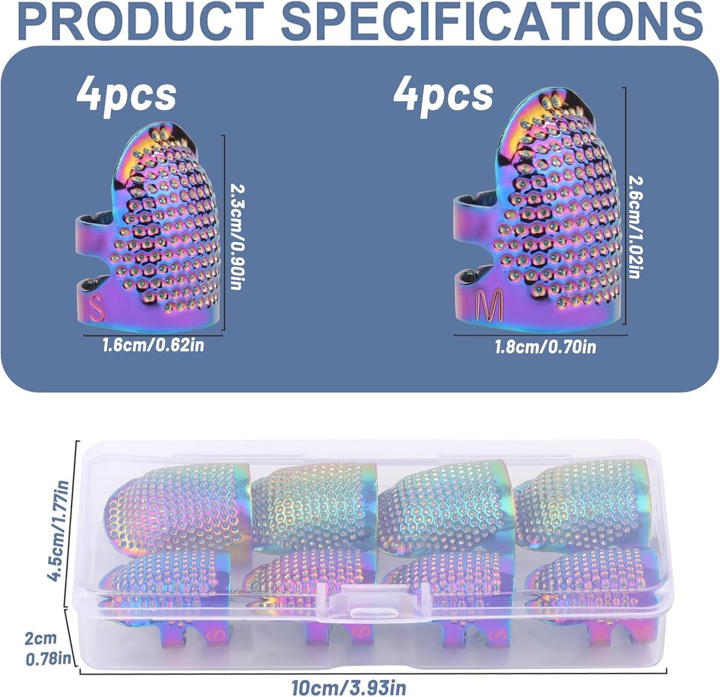 8 Pcs Sewing Thimbles, Sewing Thimble Finger Protector, Fingertip Thimble Metal Dazzle Color Adjustable Metal Sewing Thimble Rings, Sewing Quilting Craft Accessories DIY Sewing Tools (2 Sizes, S/M)