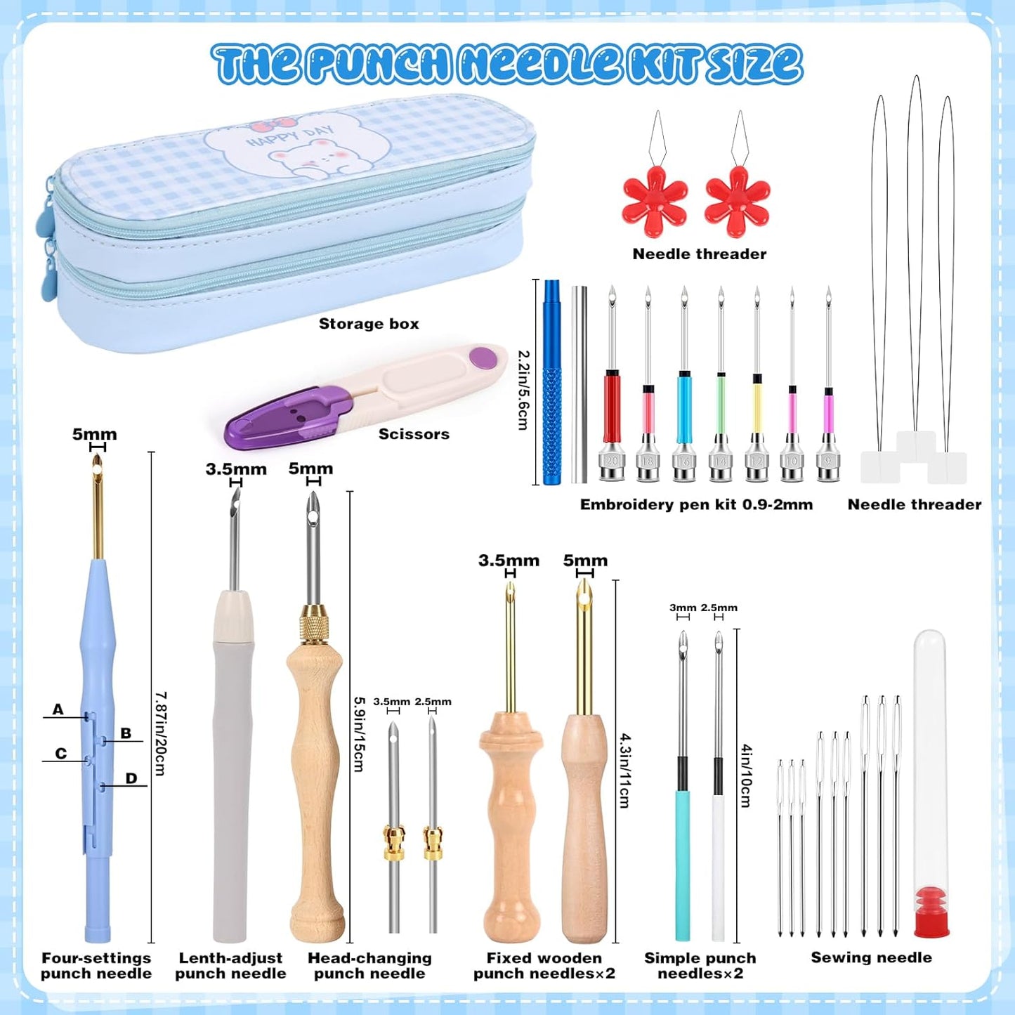35Pcs Punch Needle Kit Adult Beginner, Adjustable Punch Needle Tool with Different Size Needles & Storage Case, Wooden Handle Embroidery Pen Set for Decoration, Gifts & DIY Craft Project