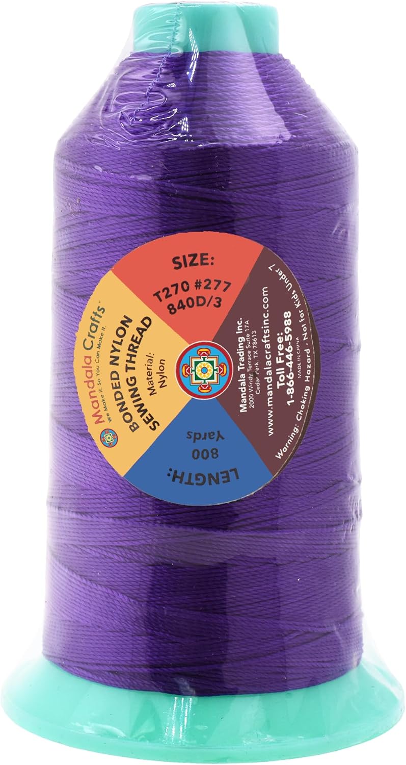 Mandala Crafts Bonded Nylon Thread True Purple Heavy Duty Sewing Threads - 800 YDs Size 277 840D T270 Tex 270 Thread for Leather Jeans Weaving Outdoor Marine Upholstery Threads