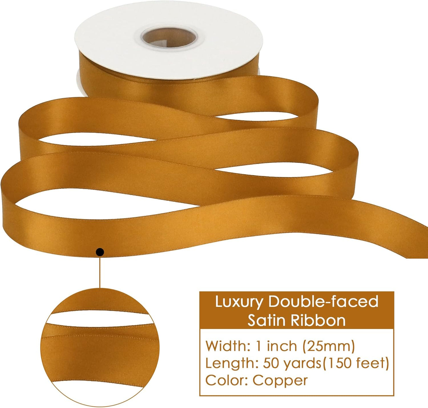 HUIHUANG Satin Ribbon 1 inch Wide Copper Ribbon 50 Yards Double Face Satin Ribbons for Crafts Gift Wrapping Bows Floral Bouquet Cake Box Christmas Decor Wedding Invitation Card Party Favor