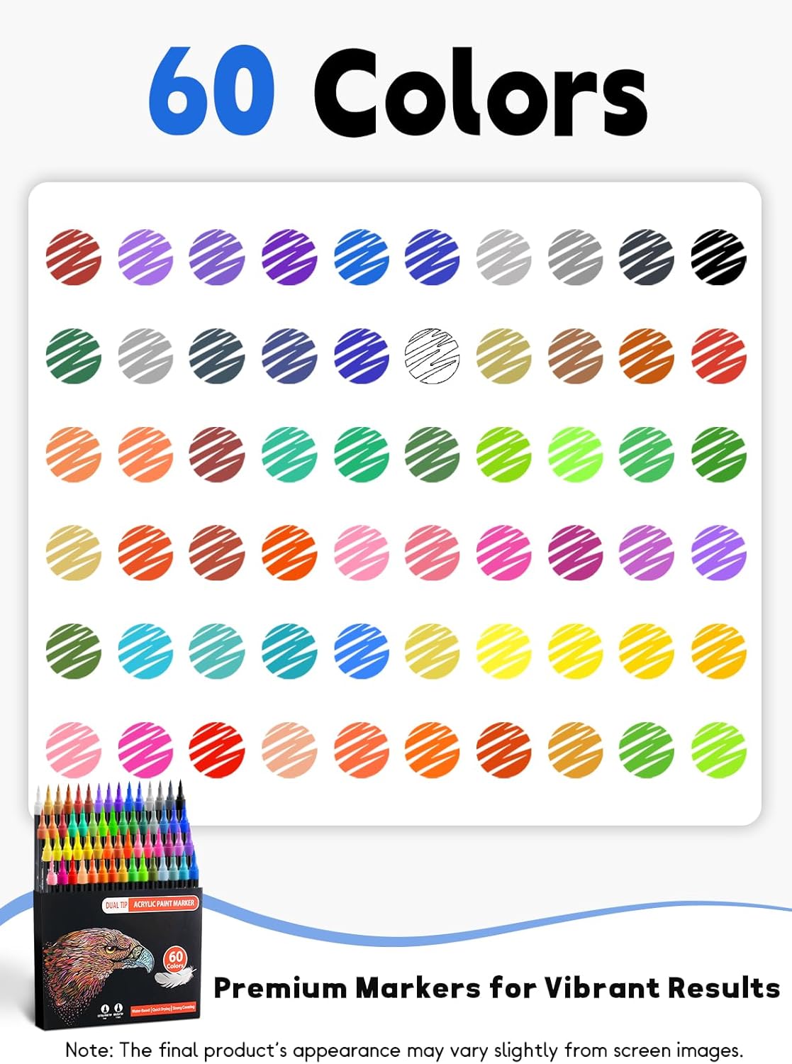 60 Colors Acrylic Paint Markers, Dual Tip Acrylic Paint Pens with Brush and Fine Tips for Kids, Adults, Wood, Canvas, Stone, Rock Painting, Glass, Ceramic Surfaces, DIY Crafts Making