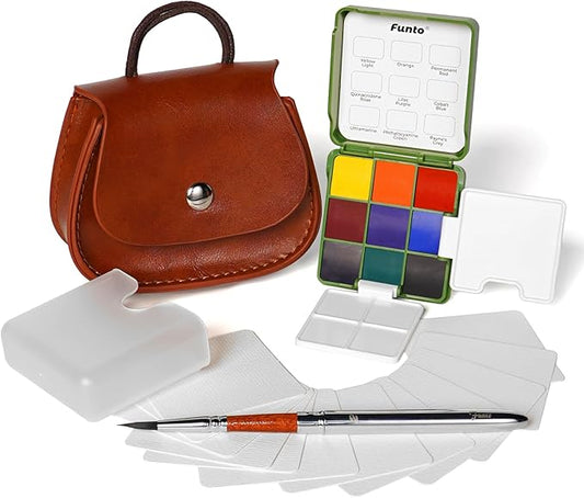 Funto Mini Watercolor Set Travel Kit with 9 Colors, Leather Bag & Watercolor Paper, Portable Drawing & Painting Supplies for Beginners, Art Gift Set