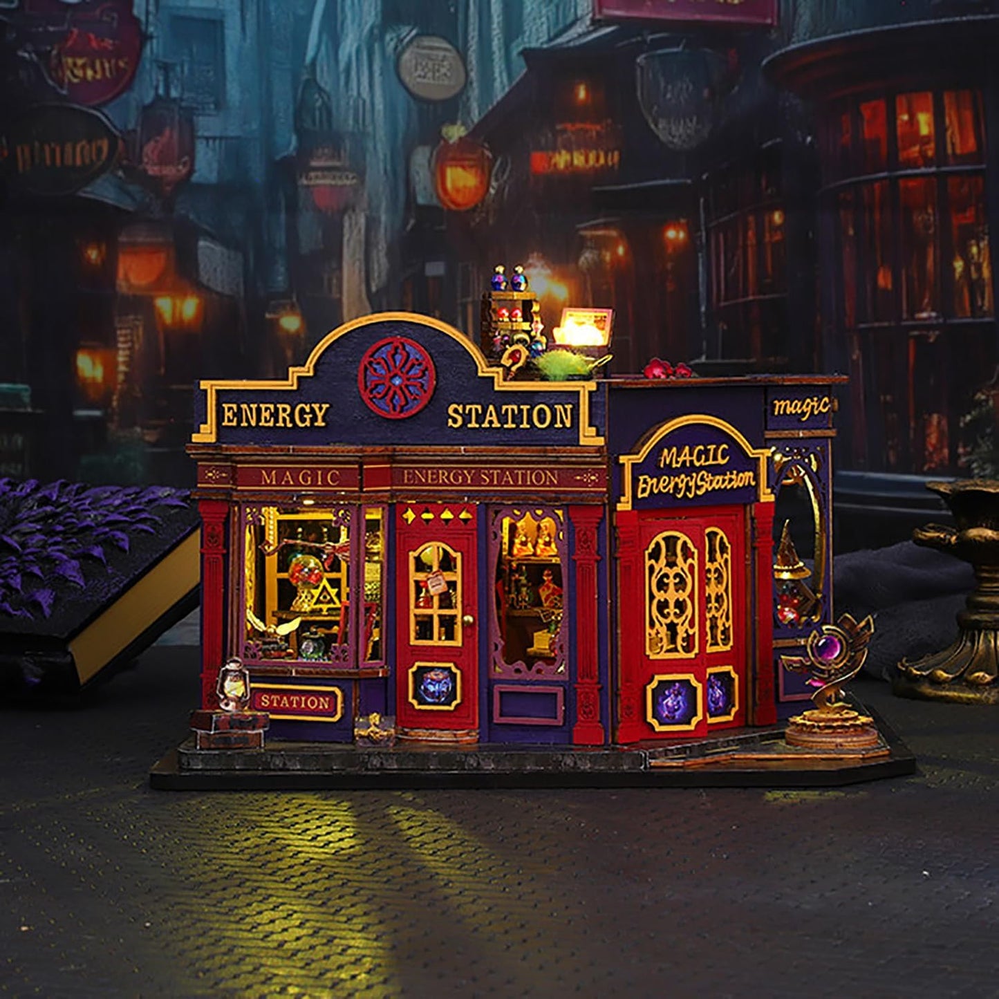 DIY Book Nook Kit - DIY Miniature Dolls House Kit with Furniture and LED Light, 3D Puzzle Wooden Art Bookends, Model Kits for Adults to Build (Magic Energy Station)