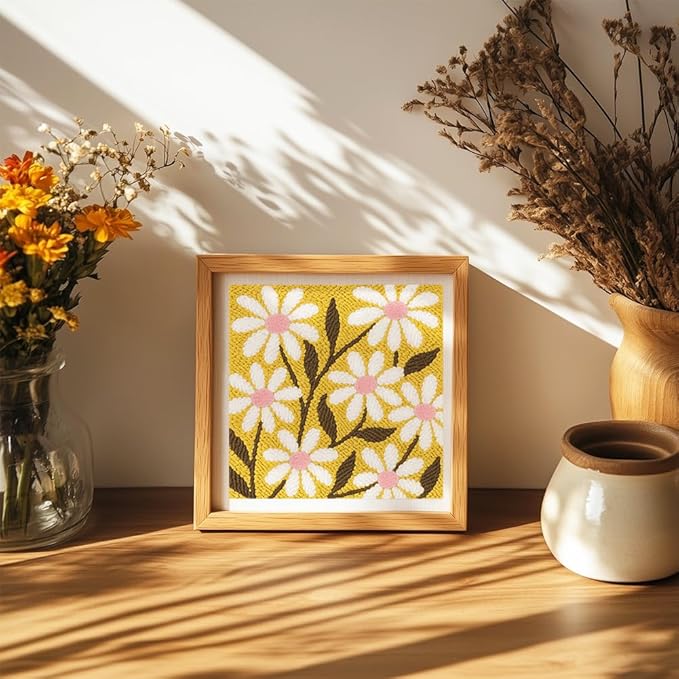 Doodlream Daisy Flowers DIY Punch Needle Embroidery Kit for Adult Beginner, 9.4" Floral Punch Stitching Craft Set for Starter with Frame, Fabric Pattern, Threader, Yarn, Pinch Needle