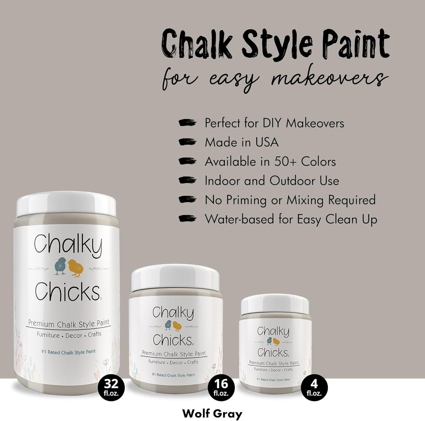 Chalky Chicks All-in-One Chalk Paint for Furniture or Cabinet - 32 Fl Oz - Matte Finish Wolf Gray (Gray/Beige) for Metal, Wood Furniture Paint - No Sanding All-in-One for Home Decor & Crafts, USA Made