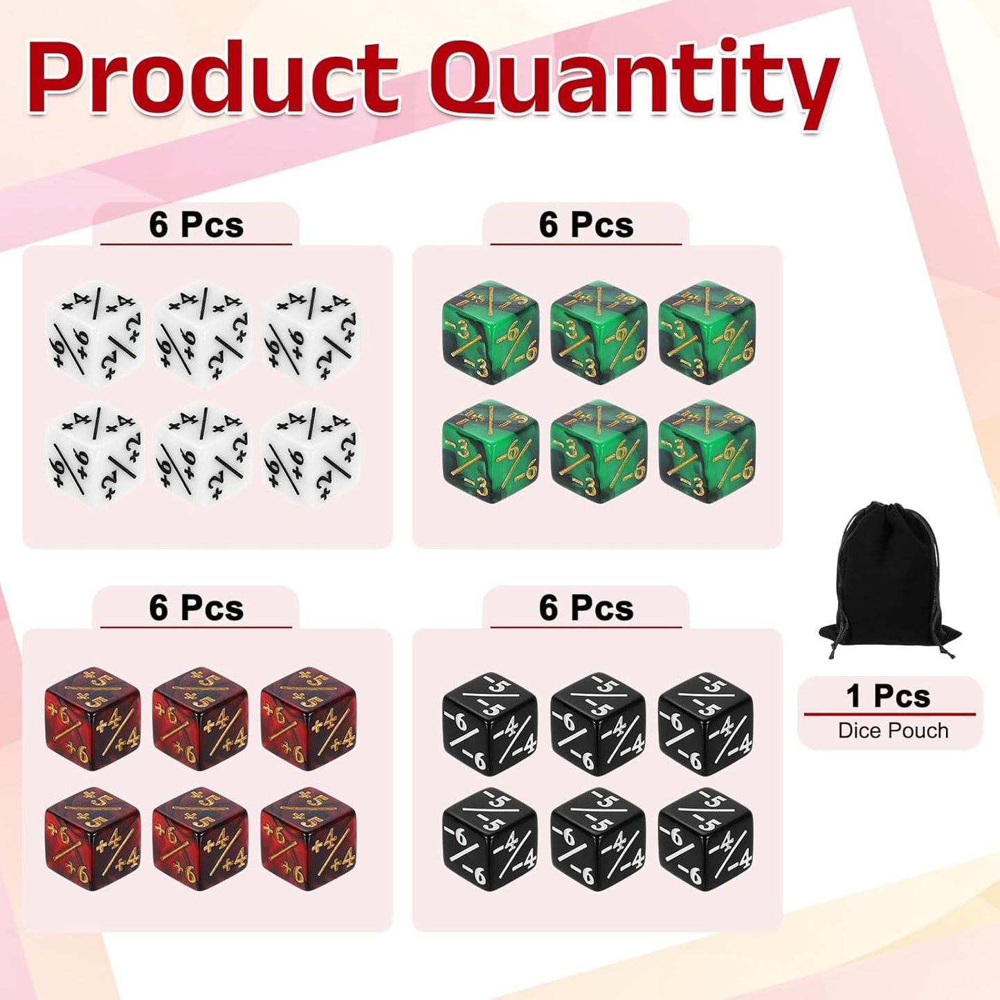 uxcell 24Pcs Magic Dice Counters, Acrylic D6 Life Token Dice Set with Pouch for Standard Cards Gaming Accessories, White, Black, Red & Black, Green & Black