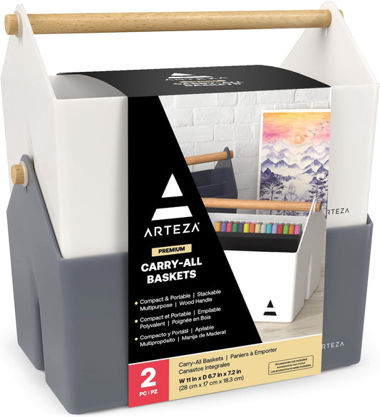 ARTEZA Plastic Portable Craft Storage Organizer, Pack of 2, Gray and Ivory, 3-Sectioned Plastic Basket with Handle, Caddy Organizer