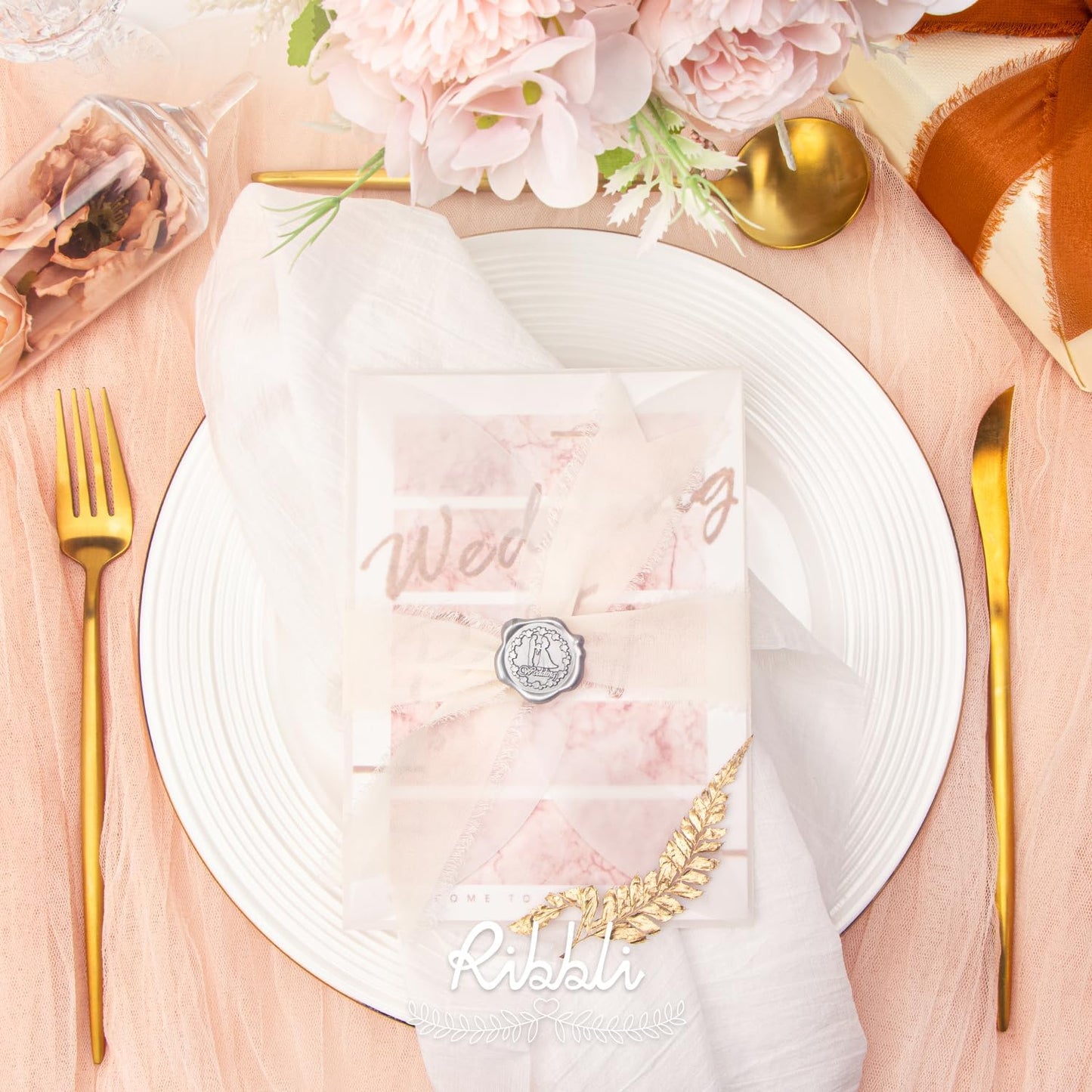 Ribbli Fall Chiffon Ribbon 1.5 inch x 30 Yard Handmade Silk, Cream/Beige/Terracotta Fringe Chiffon Ribbon for Wedding Invitations, Bridal Bouquets Wrapping, Flower Arrangement Decoration