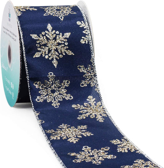 CT CRAFT LLC Navy Satin Gold Snowflake Wired Ribbon 2.5 Inch x 10 Yards for Christmas Home Decor Tree Topper Bow Gift Wrapping DIY Crafts Wreath Garland