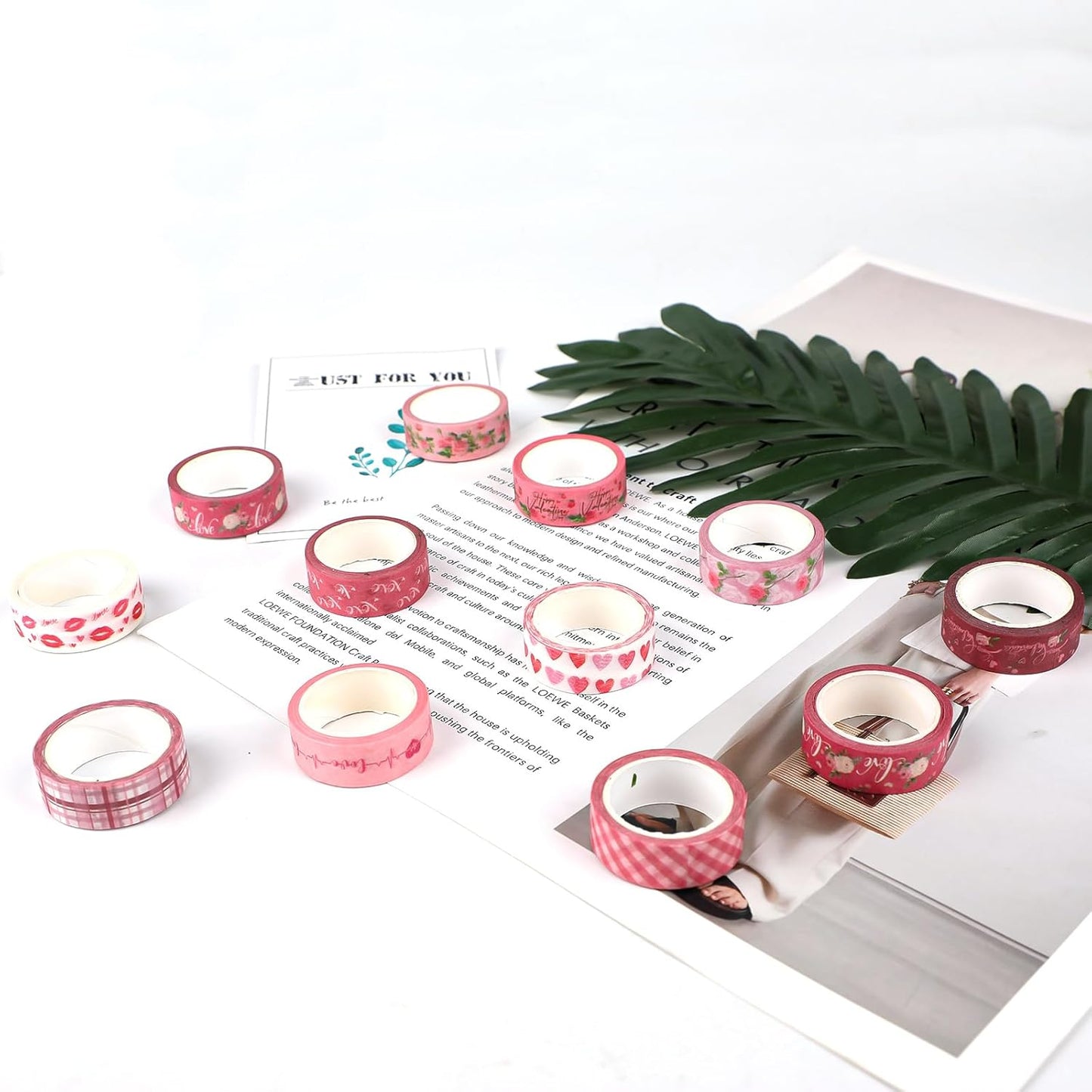 12 Rolls Pink Heart Washi Tape Set, Valentine's Day Love Heart Masking Tape Decorative Paper Tape for DIY Craft Wrapping Scrapbook Envelope Wedding Party,16.4FT