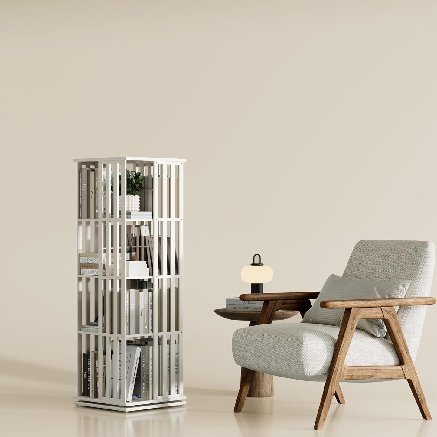 YOWOS Rotating Bookshelf Tower, 360 Display Spinning Bookcase, Bamboo Bookshelf Floor Standing Storage Rack, Wood Narrow Book Shelf Organizer for Kids&Adults (White, 4 Tier)