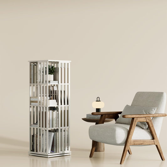 YOWOS Rotating Bookshelf Tower, 360 Display Spinning Bookcase, Bamboo Bookshelf Floor Standing Storage Rack, Wood Narrow Book Shelf Organizer for Kids&Adults (White, 4 Tier)