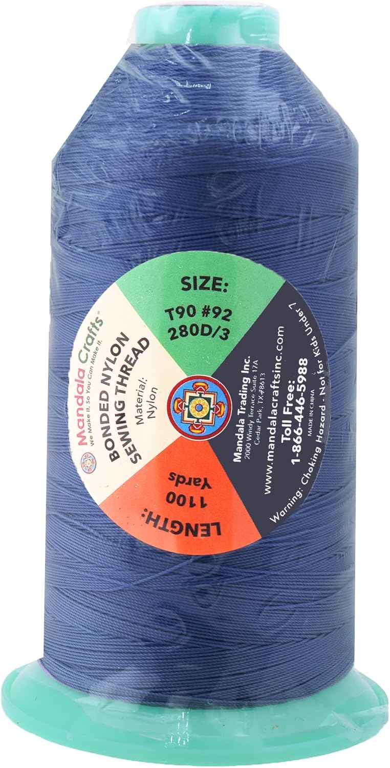 Mandala Crafts Bonded Nylon Thread Airforce Blue Heavy Duty Sewing Threads - 1100 YDs Size 92 280D T90 Tex 90 Thread for Leather Jeans Weaving Outdoor Marine Upholstery Threads