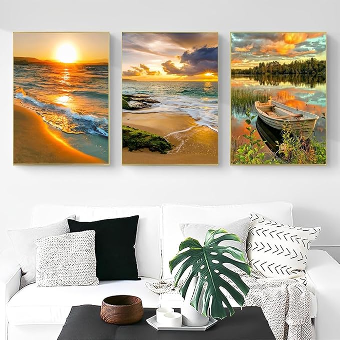Diamond Painting Kits for Adults,3 Pack Sunset Ocean Diamond Art for Beginners, Diamond Round 5D Full Drill Paint with Diamonds Pictures Gem Art Painting Kits DIY Crafts Kits 12x16inch