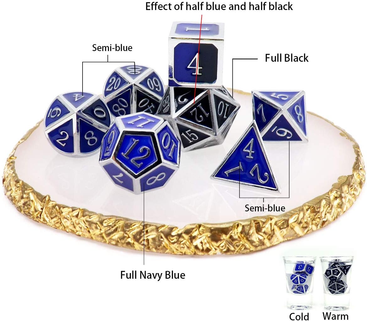 Haxtec Heat Sensitive Metal DND Dice Set Color Changing Metal Dice Temperature Polyhedral D&D Dice Compatible with Dungeons and Dragons RPG-Silver Black Blue Shift