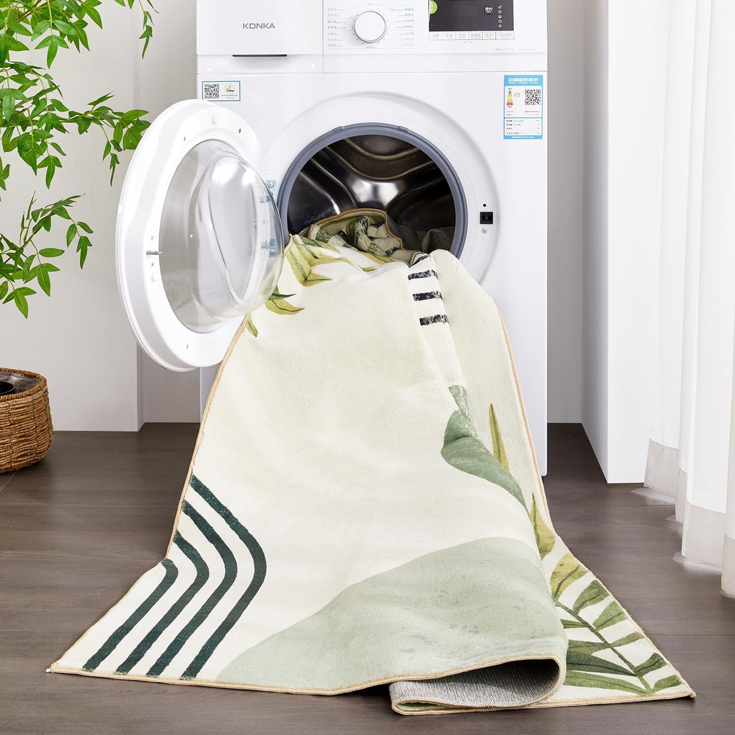 RoomTalks Mid Century Modern Washable Rug, Green Boho Cute Aesthetic 4x6 Area Rugs for Bedroom Dining Living Room Kitchen, Abstract Tropical Leaves Non Slip Thin Indoor Entryway Rug Throw Carpet