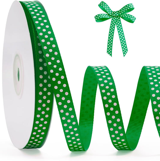 Polka Dot Grosgrain Ribbon 3/8 Inch, 25 Yards Spool Green and White Polka Dot Ribbon for Christmas Gift Wrapping DIY Crafts Hair Bows Wedding Party Decor Sewing and Home Decoration